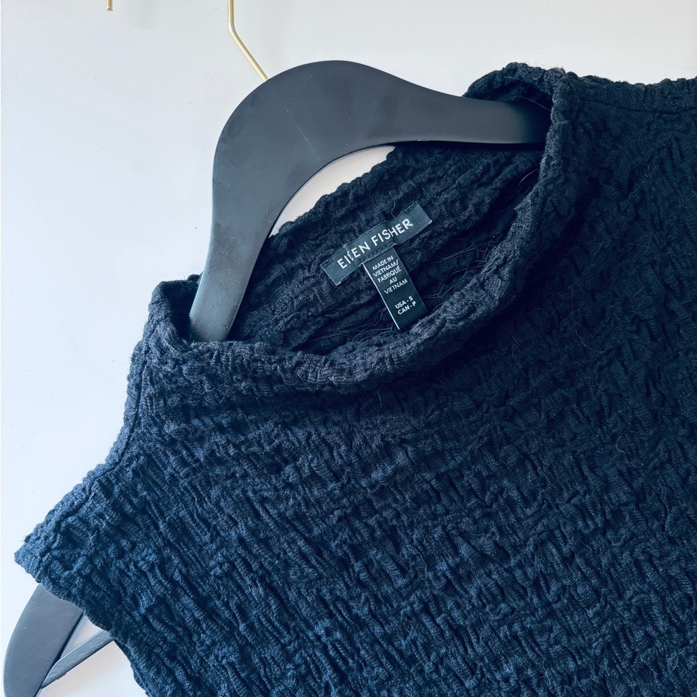 Eileen Fisher Black Bubble Jacquard Funnel Neck Top